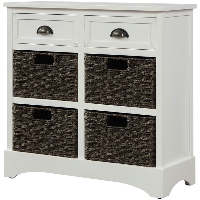 28 Inch Farmhouse Storage Cabinet with 2 Drawers & 4 Rattan Baskets, No Assembly Required Side Table for Bedroom, Living Room, Dining Room, Nightstand, Hallway