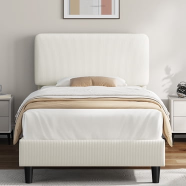 Yaheetech Upholstered Bed Frame with Adjustable Headboard and Wooden Slats, Twin, Beige