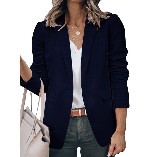 Innerwin Blazers Solid Color Women Cardigan Jacket Work Shawl Neck Slim Fit Business Jackets Dark Blue 5XL