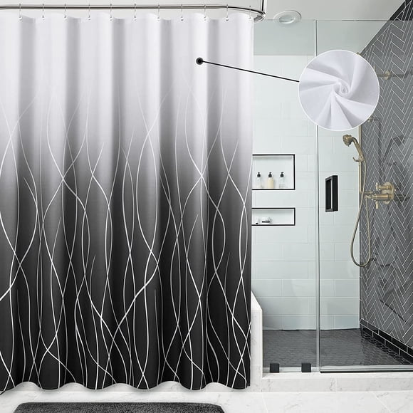 Extra Long Shower Curtain Black Shower Curtains for Bathroom Ombre Fabric Shower Curtain Set with Hooks Stripe Bath Curtains Decorative White Shower Curtain Water Repellent, 72x84, Black