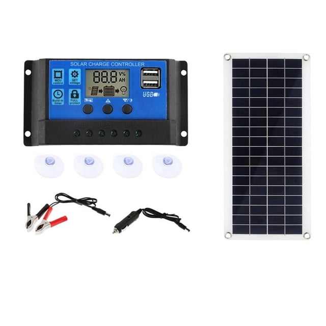 1000W Solar Panel 12-18V Solar Cell Solar Panel for Phone RV Car MP3 PAD Charger Outdoor Battery Supply A. The image features a black flexible solar panel with a 15W power output and dual USB ports, paired with a 60A solar charge controller with a blue digital display. Included accessories are an alligator clip, car charger, and four suction cups. Ideal for outdoor use, it supports charging devices like phones and small appliances while promoting energy efficiency.