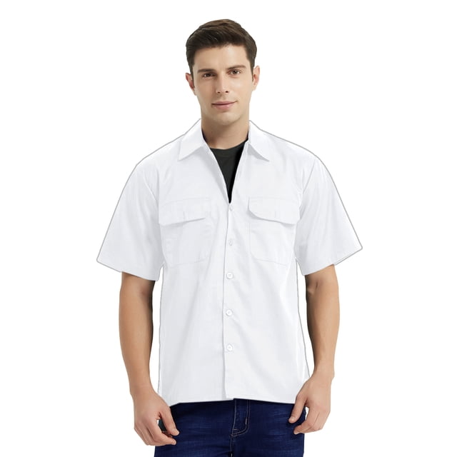 TOPTIE Short-Sleeve Work Shirt Straight Collar Utility Uniform Stain and Wrinkle Resistant-White-M