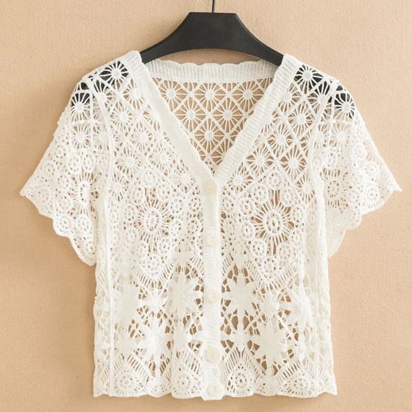 Plus Size Cropped Open Cardigan Women's Summer Knit Top with Hollowed-Out Lace Design for Casual and Wear