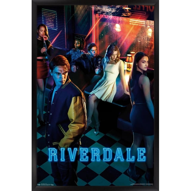Riverdale - Affiche Murale d'Art Clé, 22,375 Po x 34 Po Représentant une Scène de diner Rétro Éclairée au Néon avec six Jeunes Adultes sur un Plancher à Carreaux, Éclairage de Lampe Chaud et Reflets Néon, Idéale comme Art Mural Ou Déco de Pièce, avec le Titre « Riverdale » Bleu Lumineux au Bas.
