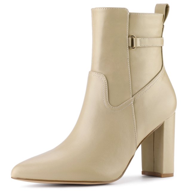 Unique Bargains Women's Strap Decor Point Toe Block High Heels Ankle Boots