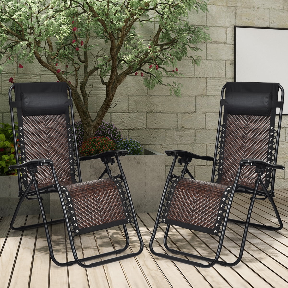 Fauteuil Inclinable Pliant de Patio en Rotin à Gravité Zéro avec Appuie-Tête Brun