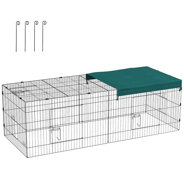 PawHut Small Animal Cage for Chicken, Rabbits, Chinchillas, measuring 87 inches by 34 inches by 28 inches. This small animal habitat features a durable steel wire frame with a green shade roof for UV protection. Includes two main gates, two side gates, and a top gate for easy access. Ground nails are provided for secure outdoor setup.
