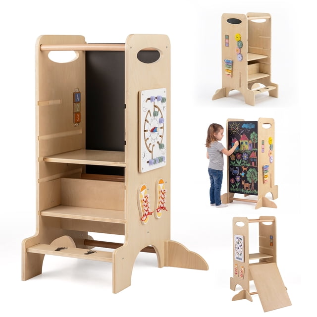Gymax Wooden Toddler Standing Tower with Chalkboard, featuring a natural wood finish and Montessori games. The multifunctional design includes 3 adjustable height levels (13.5'', 16.5'', 19.5'') to accommodate growing children. It serves as a kitchen step stool, high chair, or standing easel with a removable chalkboard for creative play. The tower includes sensory games like shoelaces, gears, number and letter blocks, a xylophone, and a clock for skill development. Made of plywood and beech wood, it has rounded edges, guardrails, and anti-tip feet for safety. Dimensions: 29'' x 22.5'' x 35.5''. Suitable for children aged 3+ years with a weight capacity of 110 lbs.