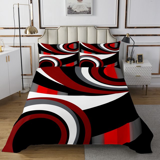 Erosebridal Ensembles de Couvre-Lit à Motif Géométrique Tourbillon Cercle Spirale Format Simple, Courtepointe Noir Blanc Rouge 2 Pcs