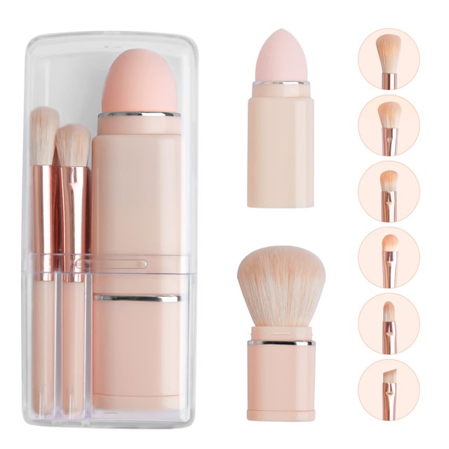 8-in-1 Multifunctional Makeup Brush Kit with Beauty Sponge - Compact Portable Cosmetic Tool Set Including Powder, Blending, Angled, Concealer, Contour, Lip & Eyeshadow Brushes, Neatly Stored in a