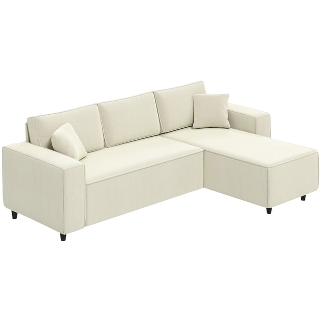 HOMCOM Chaise Sectional Sofa, Corduroy Fabric Corner Couch, Cream White — three-seat modular corner sectional with interchangeable left/right chaise, cream-white corduroy upholstery, extra-thick seat and back padding, two pillows, overall 241 x 153 cm, supports 992 lbs (450 kg). Often used as extra guest seating for movie nights.