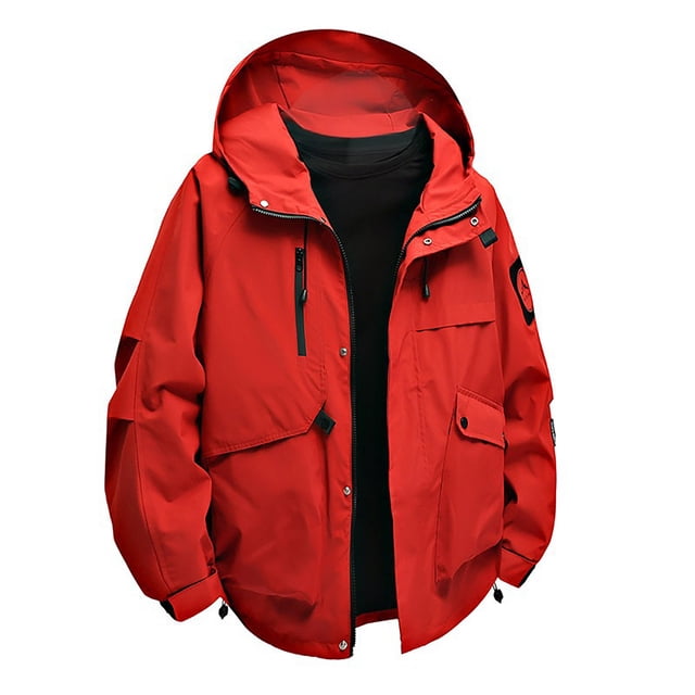 PEONAVET Mens Jacket Men's Solid Color Waterproof Long Sleeved Hooded Workwear With Multiple Pockets Jacket