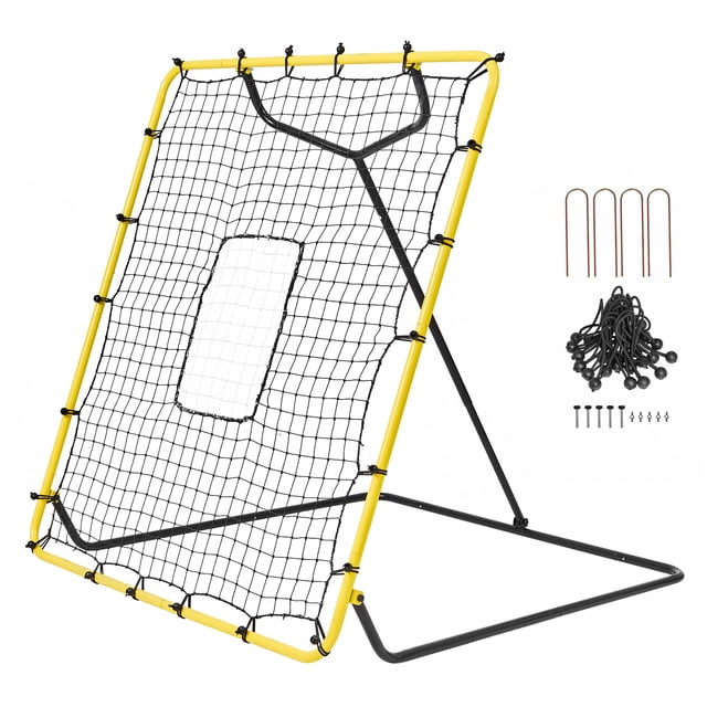 KFFKFF Softball and Baseball Rebound Net, 4 x 4.5 ft, designed for pitching and field practice. Features a durable steel frame with yellow accents, a high-density PE net, and adjustable angles for versatile training. Includes a pitching target and accessories such as fastening pegs, bungee cords, cap screws, and wing nuts, ideal for improving reaction speed and hand-eye coordination.
