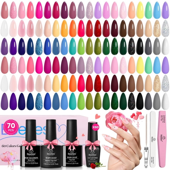 Beetles Ensemble de Vernis Gel, 70 Pcs 60 Couleurs Nude Rose Gelée Pastel Neno Bleu Rouge Vert Pailleté Kit de Vernis Gel avec Couche de Base Brillante Mate g
