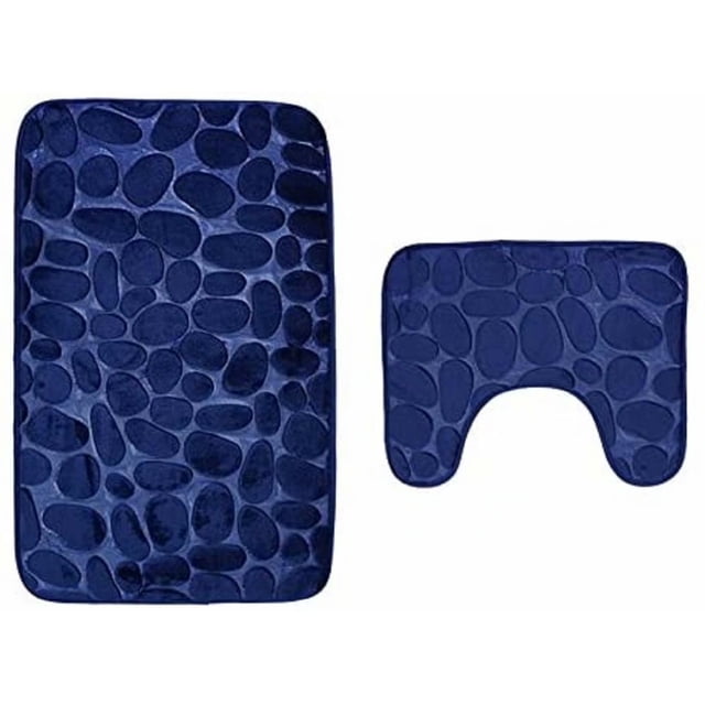 Set of 2 Anti Slip Bath Mat and Pedestal Rug for Bathroom Machine Washable (50 * 80 + 40 * 50cm) - Blue