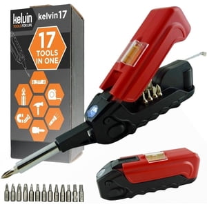 Kelvin Tools - Ensemble de tournevis urbains Kelvin 17, multitool tout-en-un pour tous les jours, multi-embouts, compact et universel, ensemble de 13 embouts avec ruban à mesurer, niveau à liquide, marteau et lampe de poche