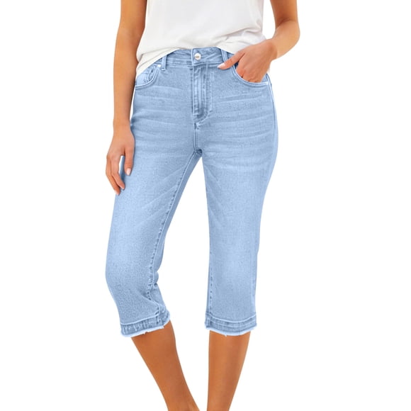 Tauxra Women's Denim Capri Pants Casual Summer Stretchy Mid Rise with Pockets, Trendy Distressed Hem Jeans Capris for Women