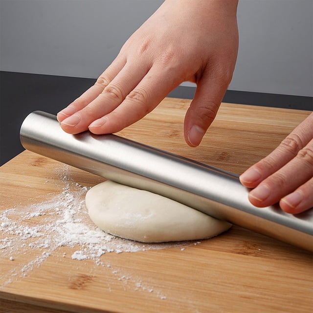 Rvkxad Stainless Steel Rolling Pin Silver, 30x2.5x2.5cm Non Stick Kitchen Tool for Dough Dumpling Wrappers, Professional Baking Roller
