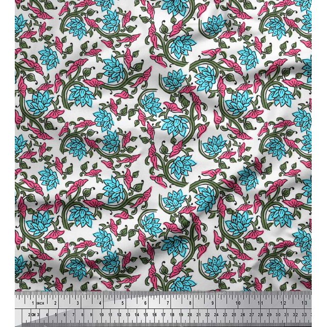 Soimoi Moss Tissu Georgette Feuilles & Lotus Imprimé au Mètre 42 Pouces de Large