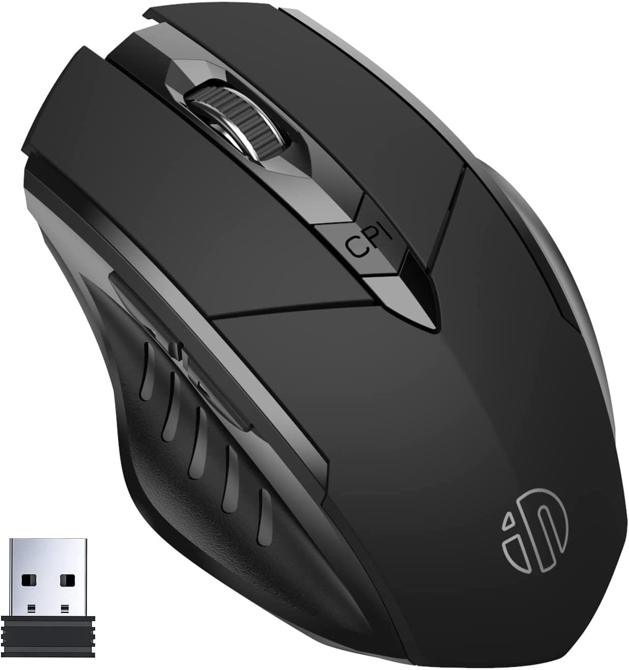 Wireless Mouse, 2.4G Rechargeable Wireless Ergonomic Optical Mouse with USB Receiver for MacBook ChromeBook Laptop, 6 Buttons, Black