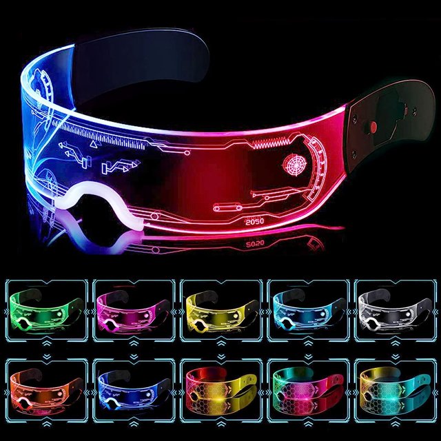 Led Glasses - Luminous Glasses Cyberpunk Futuristic Neon Rave DJ Party Glasses with high-tech acrylic lens and multicolour LED lighting effects. These glasses feature intricate cyberpunk designs and offer 7 light colours, including red, green, blue, yellow, purple, and white, with 4 flashing modes: monochrome, slow flash, fast flash, and gradient. Lightweight and durable, they are comfortable for extended wear and suitable for children and adults. Perfect for parties, music festivals, and costume events, these neon cyberpunk glasses are a standout party wearable.