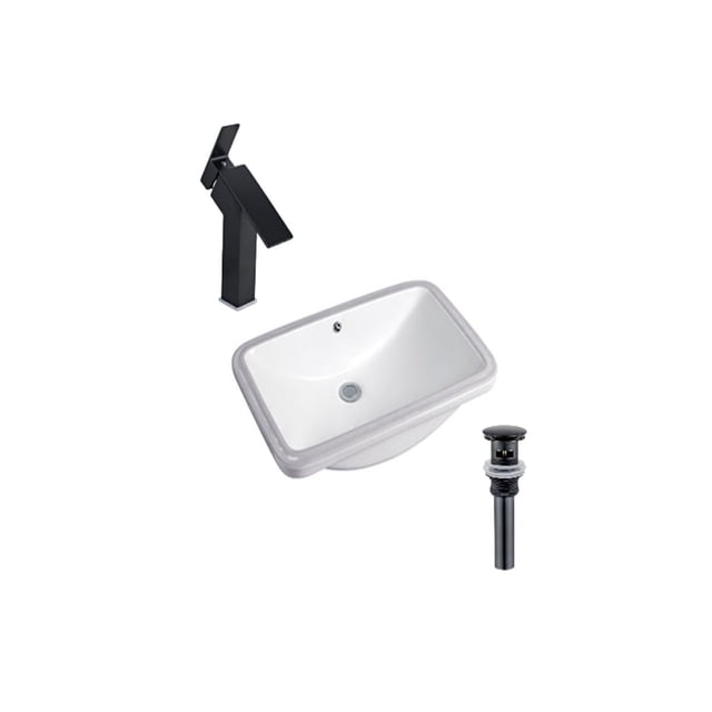 DROP Bath and Kitchen DR091149 undermount bathroom sink set with a rectangular white ceramic sink featuring a gloss finish, black single-hole faucet, and black drain with overflow, designed for undermount installation and bathroom renovations.