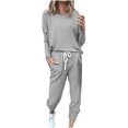 thumbnail image 1 of Pyjama d'Intérieur Confortable pour Femmes à Imprimé, Col Rond, Manches Longues, Uni, Ensemble Deux Pièces avec Poches, Ensemble de Sport, 1 of 1