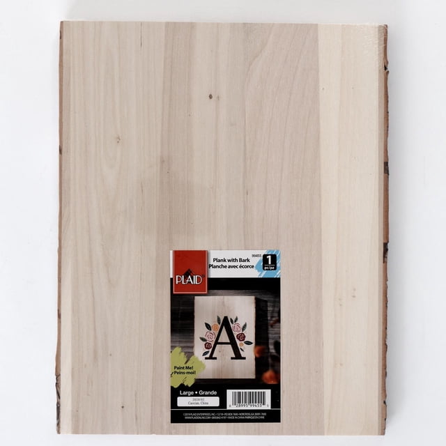 Plaid Wood Surfaces, Wood Plank with Bark is a rectangular unfinished wood board measuring 10.5 by 13.125 inches with natural bark edges on the sides and a smooth light wood grain surface, suitable for painting, stenciling, decoupage, and wood burning crafts, often used as a versatile blank canvas for personalized home décor projects.