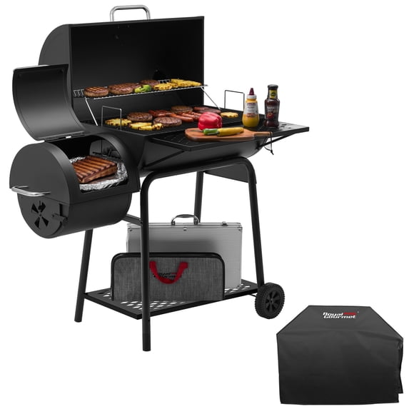 Royal Gourmet Gril au Charbon à Baril de 28 Pouces avec Fumoir Déporté, Surface de Cuisson de 840 Pi2, Tablette avant, Noir