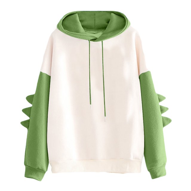 Pompotops Mode Femmes Décontracté Uni à Manches Longues Chandail à Empiècements Dinosaure Hauts Présentant un Corps Crème avec des Manches Vertes et un Capuchon Vert Assorti. les Manches Sont Accentuées de Pointes de Dinosaure Vert Ludiques. Fabriqué en polyester, Ce Chandail Décontracté Convient à Toutes les Saisons et Offre une Coupe Ample. Idéal pour le Port Quotidien Ou les Sorties Décontractées.