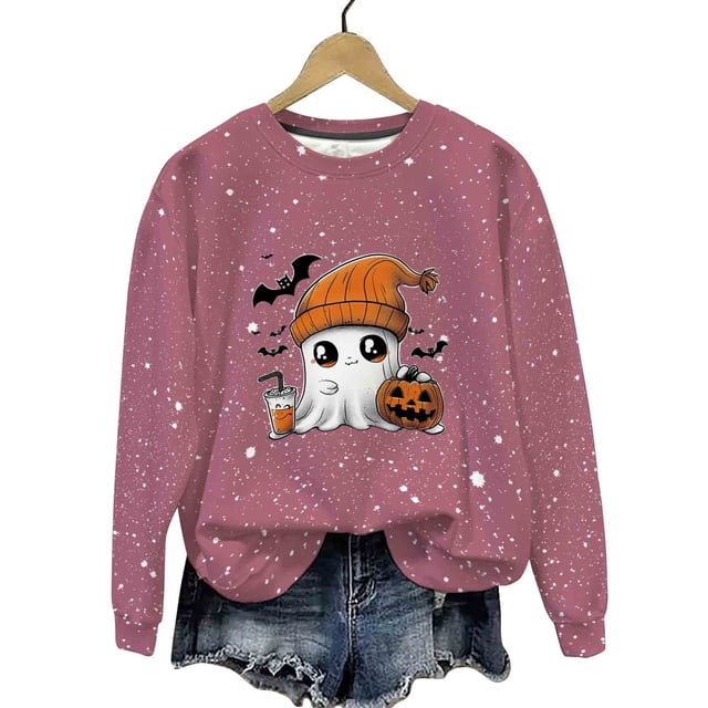 LMKIHUSA Chandails d'Halloween Fantôme pour Femmes Mode Décontractée Automne 2025 Chandail Kawaii Graphique Brillant Col Rond Chandail à Manches Longues Hauts Saison Effrayante Violet,P