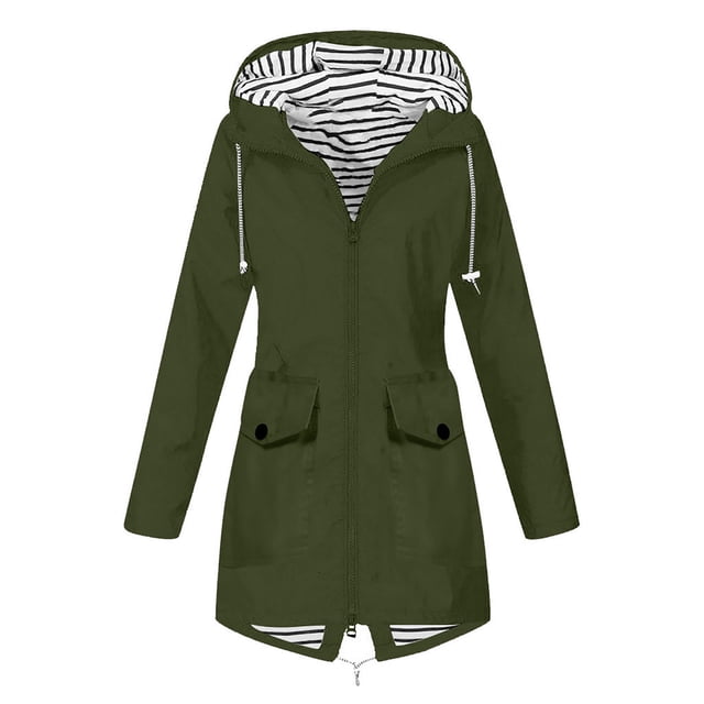 CEHVOM Women Solid Rain Jacket Outdoor Plus Size Waterproof Hooded Windproof Loose Coat