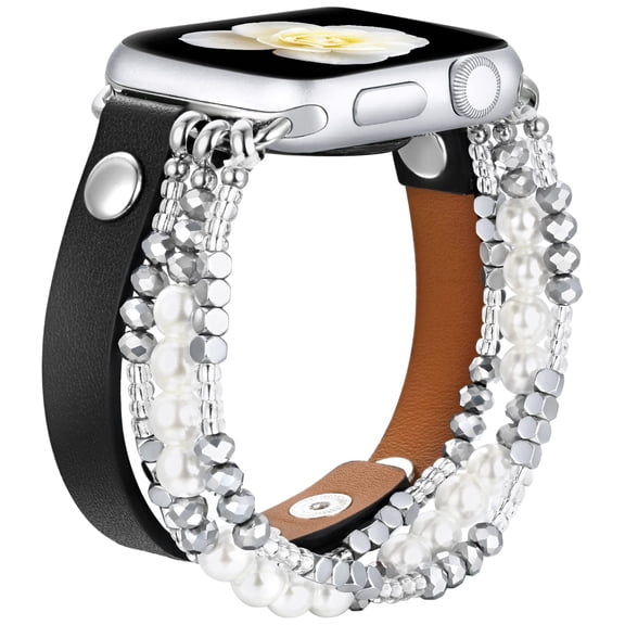 Bracelet Band Leather Compatible with Apple Watch 38mm 40mm 41mm Women, Dressy Fancy Elastic Beaded Jewelry Strap for Iwatch SE & 7 6 5 4 3 2 1,Black/White 38/40/41mm