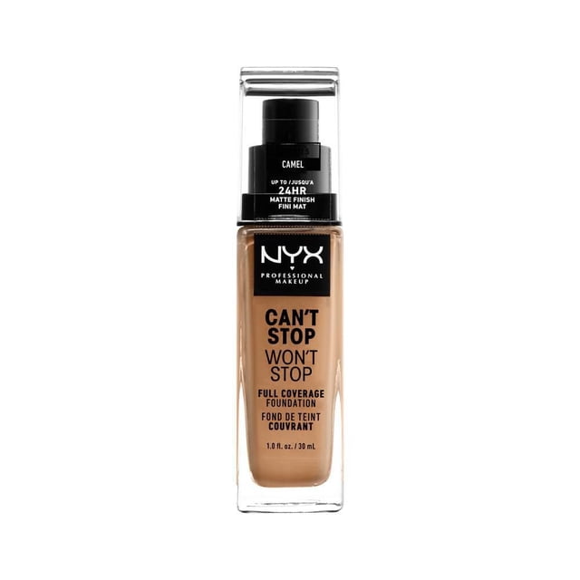 Fond de Teint Couvrance Totale Can't Stop Won't Stop, 30 ml par NYX Professional Makeup en Teinte Camel, dans une Bouteille Rectangulaire en Verre Transparent avec Pompe Noire et Bouchon, Offrant une Finition Mate et une Tenue Imperméable jusqu'à 24 Heures, Convient aux Peaux Normales, Grasses, Mixtes et Sensibles.