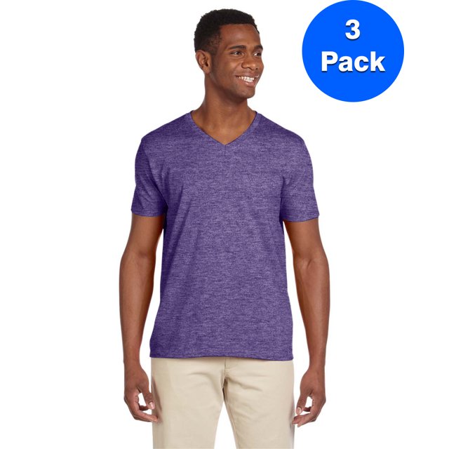 Gildan Men's Softstyle V-Neck T-Shirt - G64V (Pack Of 3) in a heather purple color, made from 65% polyester and 35% cotton blend. Features a mitered V-neck, double-needle stitched sleeves and bottom hem, and a tear-away label. The shirt is lightweight at 4.5 oz. and uses deluxe 30 singles Softstyle® yarns for a soft feel. Shown on a model paired with beige pants.