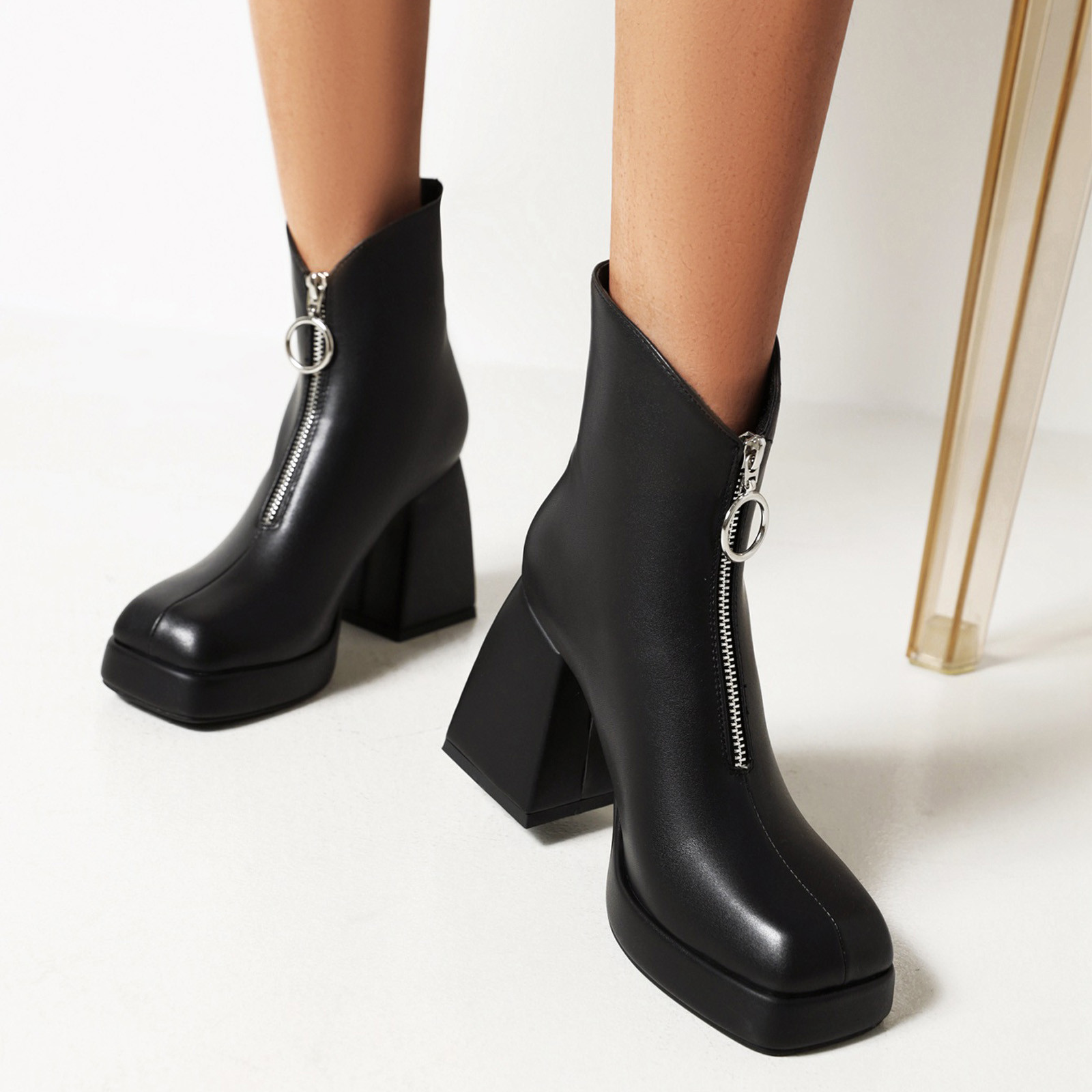 Women's Winter Thick High Heel Raised Front Zipper Warm Ankle Boot