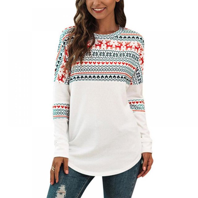 Women Christmas Print Tops Femael Long Sleeve O-neck Splicing Tee Spring Autumn Slim Tops