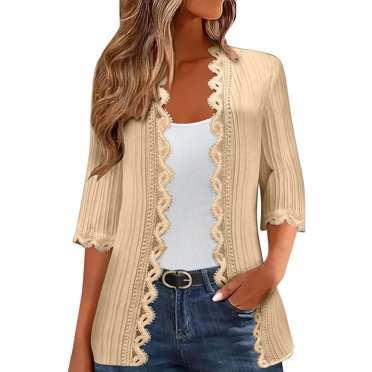 Kaemgyyd Cardigan pour Femmes Léger à Manches 3/4 Ouvert à l'Avant avec Bordure en Dentelle Cardigans Élégants Boho Boléros pour Femmes Automne 2025