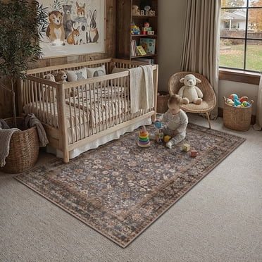 BERTHMEER 4'x6' Area Rugs for Living Room Bedroom Kitchen Rugs Non Slip Vintage Traditional Dorm Office Dining Room Farmhouse Washable Oriental Distressed Rugs, Blue Brown