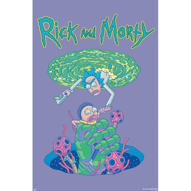 Rick And Morty - Affiche Murale d'Automne Portal, 22,375 Po x 34 Po Représentant Rick aux Cheveux Bleus à Pointes et un Pistolet Portal Émergeant d'Un Portail Vert Tourbillonnant, Tendant la Main pour Attraper Morty Piégé dans une Grande Main d'Extraterrestre Verte avec des Tentacules Roses, sur Fond Violet avec le logo Rick And Morty au-Dessus, Imprimée sur Papier d'Affiche Lustré, Convient à la Déco de la Maison