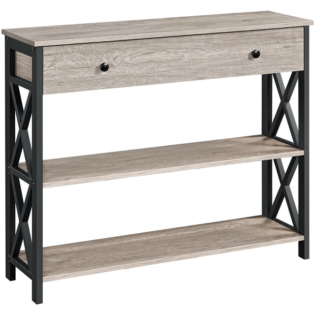 Yaheetech 2-Tier X-Design Console Table for Entryway Living Room, Gray. This rectangular console table features a durable MDF top, a spacious drawer with black round pulls, and two open storage shelves. The X-shaped iron side panels enhance stability and add an industrial touch. Suitable for use as a sofa table, TV stand, entryway table, or display shelf in living rooms, hallways, or offices.