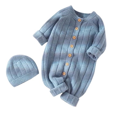 AherBiu Barboteuses pour Tout-Petits Filles Garçons avec Chapeau, Tricotées, à Boutons, Automne Hiver, Confortables, Unisexes, pour Nourrisson Nouveau-Né