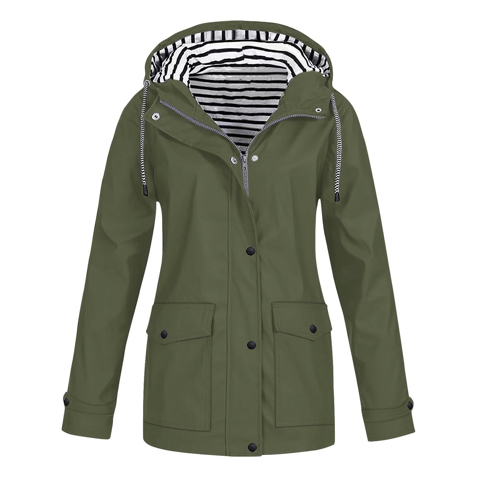 NARABB Women Casaul Solid Jackets Outdoor Plus Size Drawstring Zipper Hooded Raincoat Windproof Tops Coat With Pocket