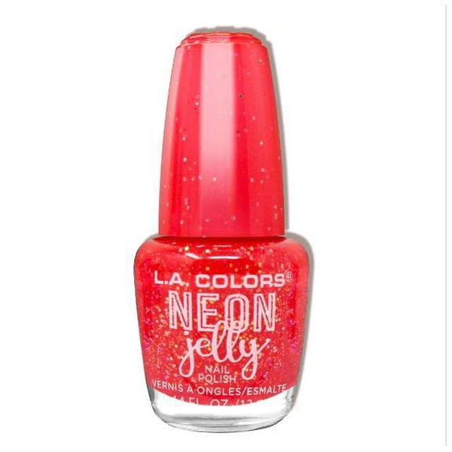Neon Jelly Nail Polish- Tropical Punch by L.A. COLORS, a 13mL bottle of bright red jelly formula with glitter fluorescent finish, providing salon-quality high-gloss shine for nails, ideal for casual and special events and suitable for creative nail art.