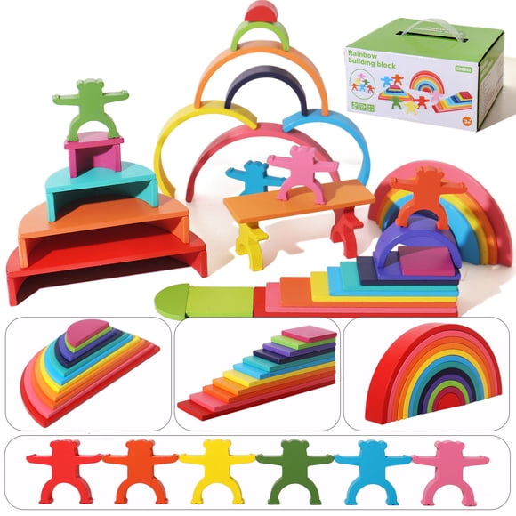 XFGOU Jouets et Passe-Temps Ensemble Empilable Arc-en-Ciel en Bois de 40 Pcs 4 en 1 Construction Jouets de Développement Précoce et d'Activités pour Enfants d'Âge Préscolaire Jouets Montessori pour Enfants et Personnes Âgées Cadeaux pour Garçons et Filles