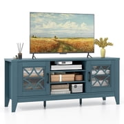 Costway Meuble TV pour téléviseurs jusqu'à 65 po avec étagères ajustables à 3 positions Portes en verre trempé Bleu sarcelle