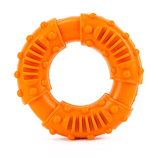 Dog Rubber Teeth Grinding Donut by Crtynell, made of durable TPR rubber in an orange donut shape. Designed as a safe dog chew toy with multiple teething bumps for grip and dental stimulation. Ideal for interactive outdoor play or use as a flying disc.