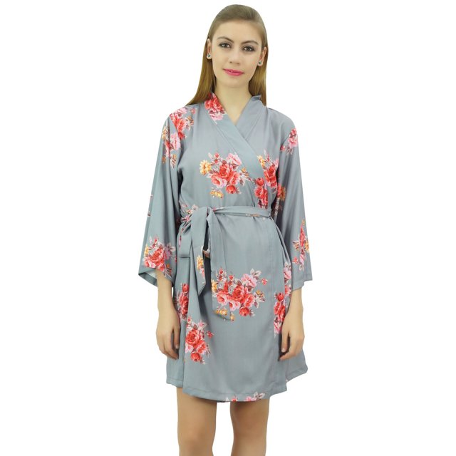 Bimba Robe de Demoiselle d'Honneur en Georgette Grise à Imprimé Floral pour Femme, Couvre-Maillot Wrap-14