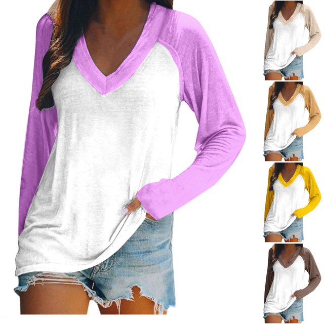 EQWLJWE Fall Raglan Sleeve Tunic Tops Womens Plus Size Color Block V Neck Raglan Long Sleeve Shirts Casual Fall Sweatshirts Holiday Raglan Sleeve Tops