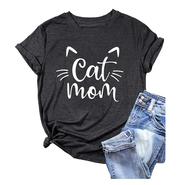 LUOGENLI T-shirts pour Femme pour Femmes T-shirt à Col Rond d'Été à Imprimé Chat Coloré en Coton à Manches Courtes Haut T-shirt. Ce T-shirt Bleu Marine à Manches Courtes Présente un Col Rond et un Imprimé Graphique Ludique « Cat Mom » Blanc à l'Avant. Fabriqué en Coton Doux, Il Offre une Coupe Décontractée Convenant au Port Décontracté. Idéal à Agencer avec des jeans Ou des shorts pour un Style Estival Décontracté.